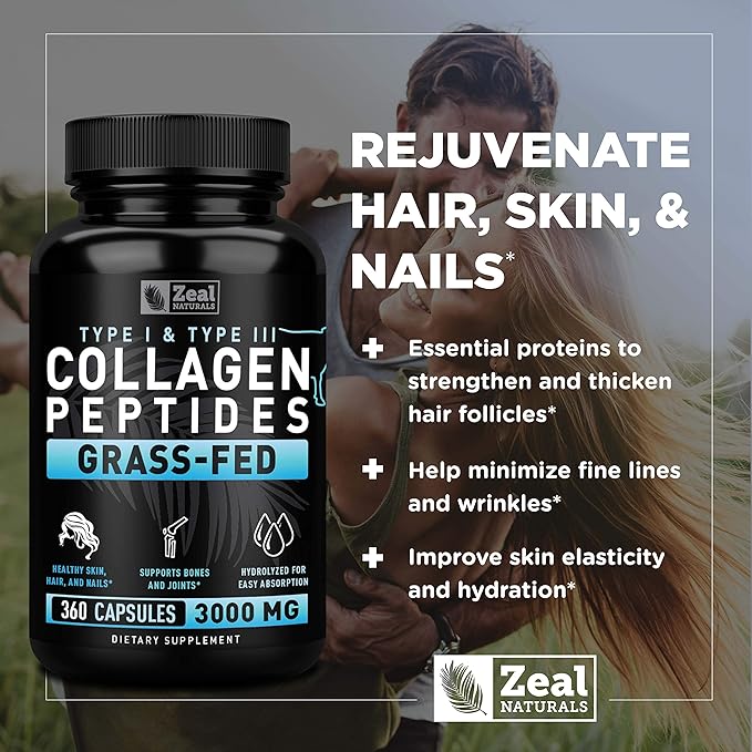 Collagen Peptides Capsules 360 Count - Grass Fed Bovine Hydrolyzed Collagen Pills - Hair, Skin & Nails, Joint Support - Collagen Supplements for Women & Men