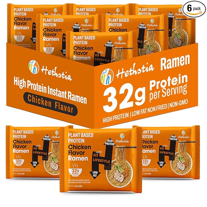 Hethstia High Protein Ramen Soup Chicken Flavor, 6-Pack Instant Ramen Noodles Chicken Broth, 32g Plant-Based Protein, Vegan, Non-GMO, Low Fat, Egg-Free, Dairy-Free, Pre-Packaged Quick Meal