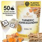 BREWIX, Turmeric Ashwagandha Herbal Tea (50 Pyramid Tea Bags) Adaptogenic Herbs for Stress & Mood Support | Evening Calm & Sleep Support | Real Ingredients From India, Caffeine Free & Naturally Gluten Free