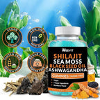Shilajit Sea Moss Ashwagandha Gummies with Turmeric, Black Seed Oil, Vitamin C D for Men & Women, Shilajit and Ashwagandha Gummy, All in 1 Supplements for Immune, Absorption & Energy Support