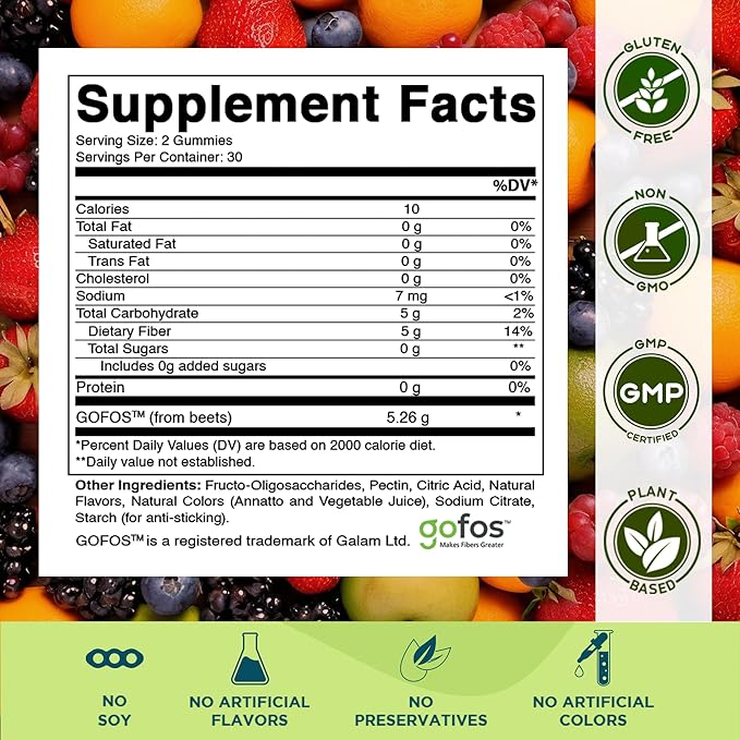 Vitamatic Kids Prebiotic Fiber Gummies – Extra Strength 4g Fiber – Zero Sugar Added – 60 Pectin-Based Gummies – Digestive Health & Regularity Support