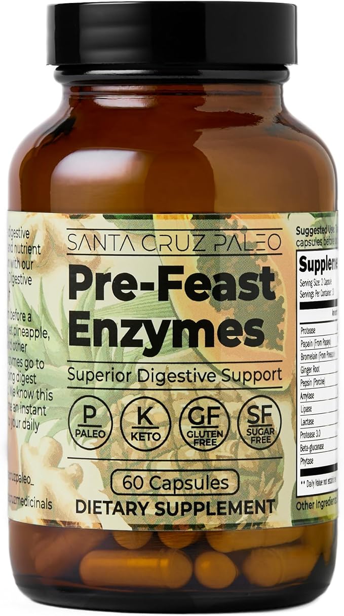 Santa Cruz Paleo, Pre-Feast Digestive Enzymes Supplement, Multi Enzyme for Women and Men, Fiber Supplement for Gut Health & Digestive Health, Gluten Free, Keto, Paleo, Sugar Free, 60 Capsules