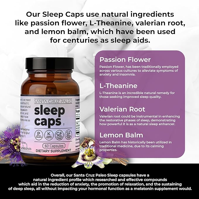 Santa Cruz Paleo Sleep Caps with L-Theanine, Lemon Balm, Passion Flower & Valerian Root, Melatonin-Free Nighttime Relaxation, Paleo & Keto Friendly, Sugar & Gluten Free, 60 Capsules