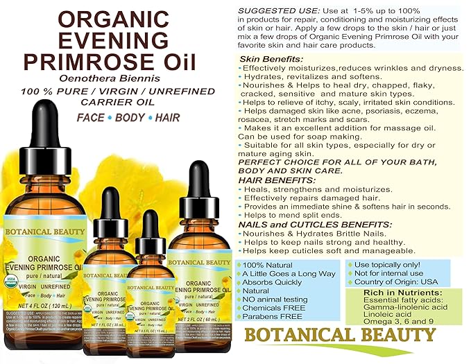 Botanical Beauty Organic EVENING PRIMROSE OIL 100% Pure Natural Undiluted Unrefined Virgin Cold Pressed Carrier Oil for face, skin, hair, nails (4 Fl Oz 120 ml)