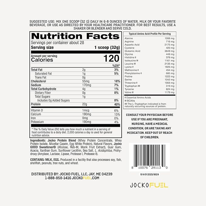 Jocko Fuel Whey Protein Powder, Banana Cream, 22g Protein, Digestive Enzymes + Probiotic Blend, No Sugar Added, with Essential Amino Acids + Electrolyte Minerals, 28 Servings