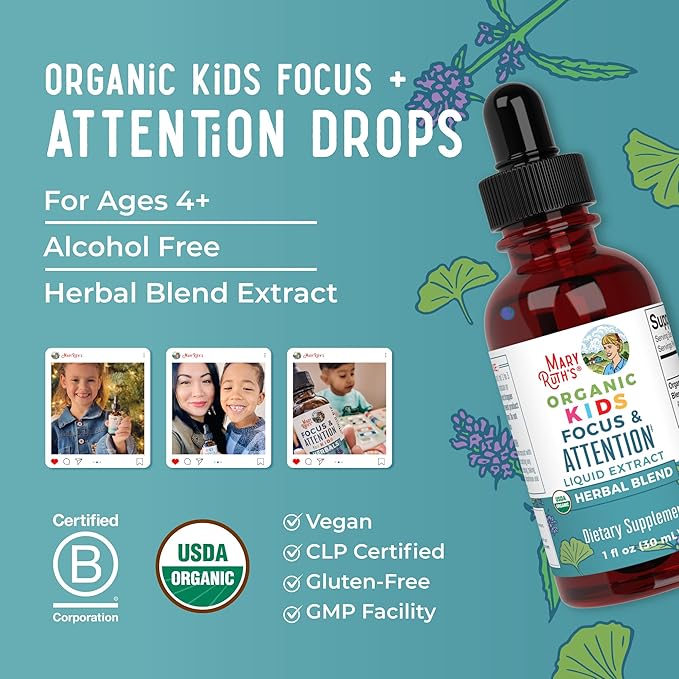 MARYRUTH'S Kids Focus & Attention Drops | USDA Organic Drops | Ginkgo Biloba | Rhodiola Root & Licorice Root | Adaptogenic | Calm | Vegan | Non-GMO | Gluten Free | 30 Servings