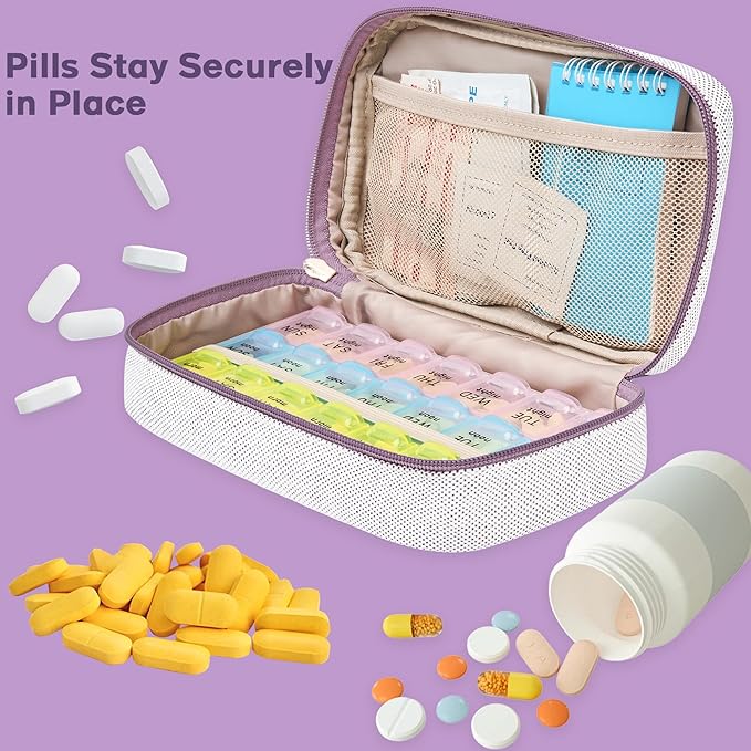 Weekly Travel Pill Organizer 2 Times A Day Pill Case for Purse with Removable AM PM 7 Day Pill Box Holder,Cute Medication Organizer Pill Container for Medicine, Vitamin, Supplement (Purple, Medium)