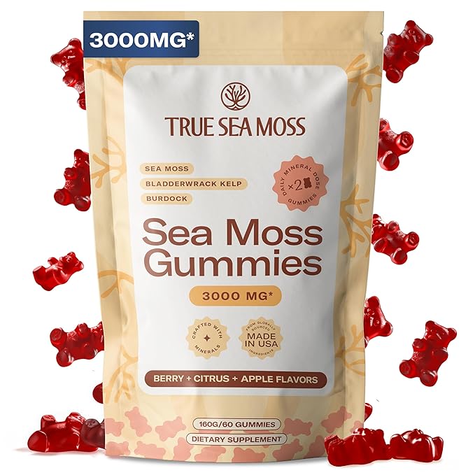 TrueSeaMoss Gummies 3000mg – Irish Sea Moss with Bladderwrack & Burdock Root – 3-in-1 Formula – Fruity Flavor – 60 Gummies