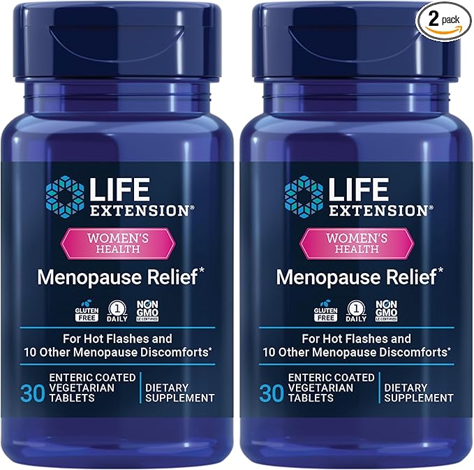 Life Extension Menopause Relief – Siberian Rhubarb, Menopause Supplement for Women, Ease hot Flashes, Mood Swings, Night Sweats Relief, Hormone-Free, Gluten-Free, Non-GMO, Vegetarian (Pack of 2)