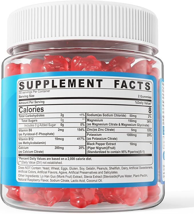 Potassium Citrate 1000mg Gummies, Potassium Magnesium Supplement + Calcium, Zinc, Sodium, Vitamin B6, B12, Support Leg Cramps, Electrolyte Balance, Body Performance, Energy Boost, Sugar Free, 60 Cts