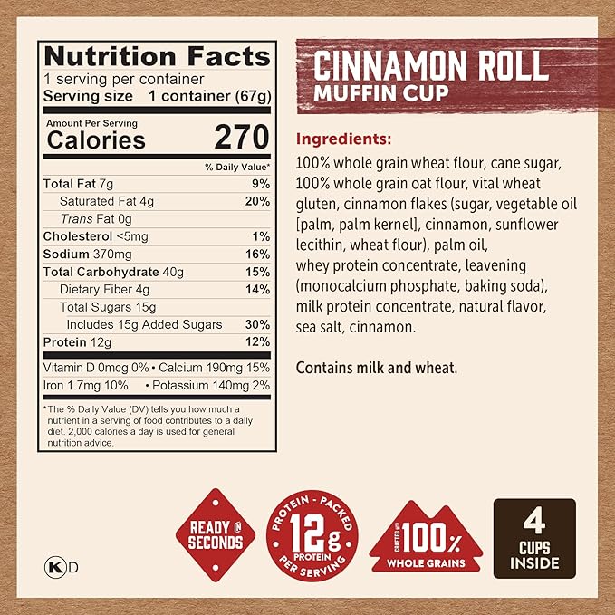 Kodiak Cakes Minute Muffin Cup Variety Pack - 100% Whole Grains, Double Dark Chocolate, Blueberry & Cinnamon Roll, 2.36 oz (Pack of 12)