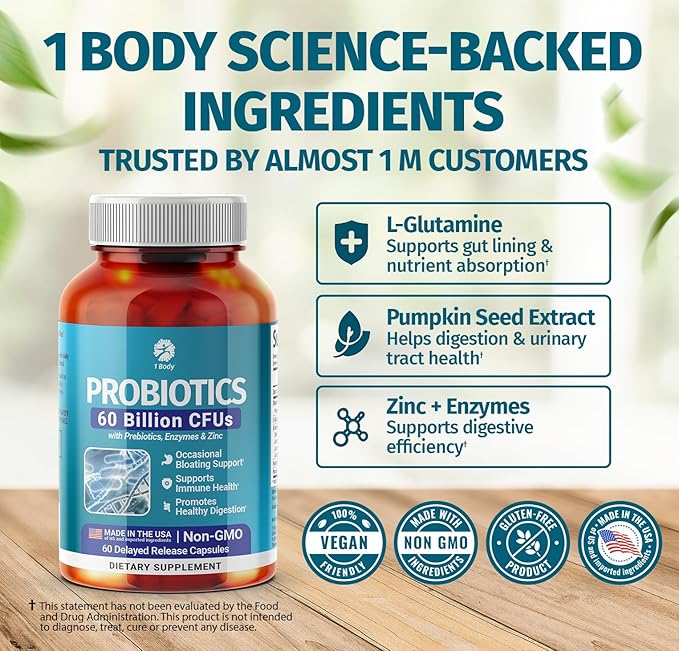 1 Body 60 Billion Probiotics for Men & Women, Gut Health for Men & Women with Prebiotics, Digestive Enzymes, Zinc & L-Glutamin, Non-GMO, 60 Vegan Digestive Probiotic Capsules