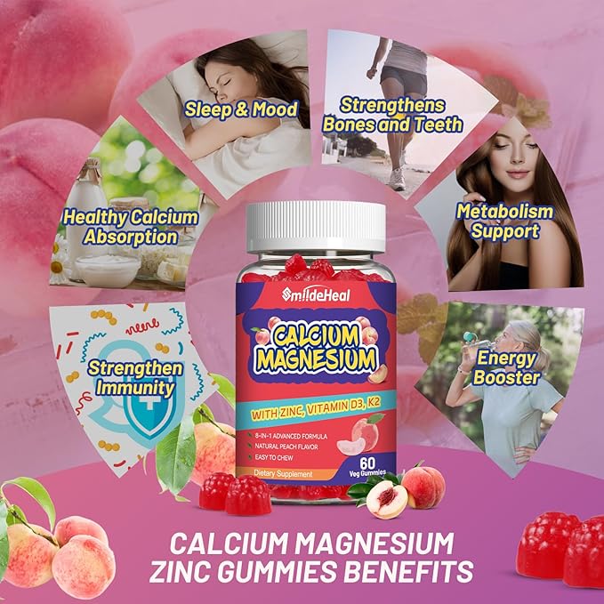 2 Pack Calcium Magnesium Gummies 600MG, Calcium Magnesium Zinc Gummies with Vitamin D3 - High Absorption Complex Calcium Supplement, Vegan, 120 Counts