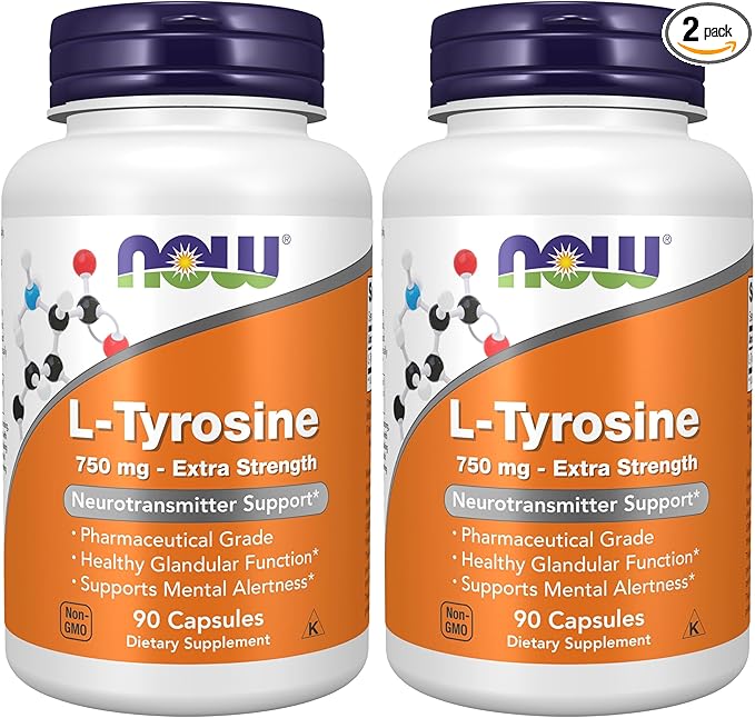 Now Supplements,L-Tyrosine 750 mg,Supports Mental Alertness*,Neurotransmitter Support*,90 Veg Capsules,(Pack of 2)