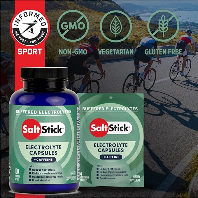 SaltStick Electrolytes with Caffeine - Salt Pills and Electrolytes for Running, Hydration, Leg Cramps Relief, Sports Recovery, Hiking Essentials - Salt, Magnesium, Potassium, Vitamin D3 - 100 Count