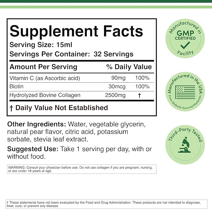 Double Wood Supplements Premium Liquid Collagen - 2500mg of Hydrolyzed Bovine Collagen (Type 1, 3 and Grassfed) - 32 Servings - for Women and Men - 30 mcg of Biotin - Sugar Free Pear Flavor