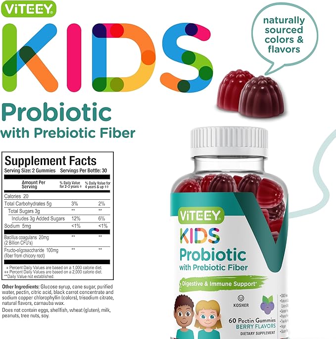 Viteey Probiotic Gummies for Kids Plus Prebiotics Fiber - 2 Billion CFUs - Digestive Health,Gut Health, Constipation Relief for Kids Support - Vegan, Gelatin Free - Chewable Probiotic Berry Flavored