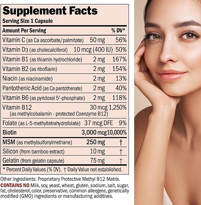 ANDREW LESSMAN Healthy Hair, Skin and Nails 120 Capsules - 3000 mcg High Bioactivity Biotin, B-Complex. Promotes Beautiful Skin, Strong Nails. No Additives Hair Growth Vitamins Biotin Supplement