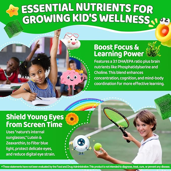 Kids Super Greens Gummies, w/Multivitamins, 20+ Veggie Fruit, Prebiotics, Calcium, Omega-3 (DHA/EPA), Kids Vitamins Greens Superfood Gummies for Picky Eaters Growth, Energy, Immune, Digestion, 2 Pack