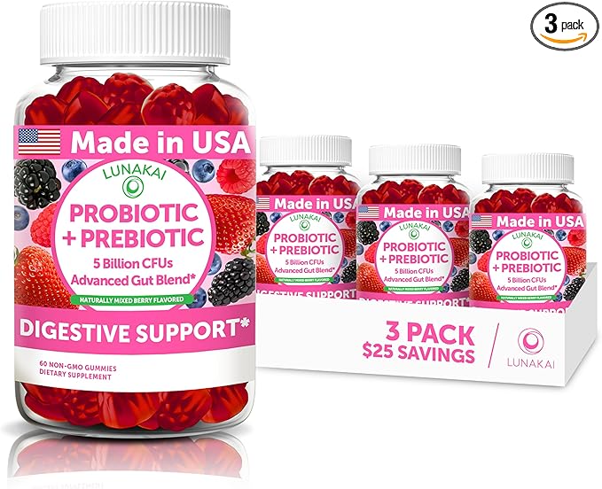 Lunakai USA Made Prebiotic + Probiotic Gummies for Women and Men - High Potency 5 Billion CFUs with Fibers - Non-GMO Gut Health Support - 3 Pack