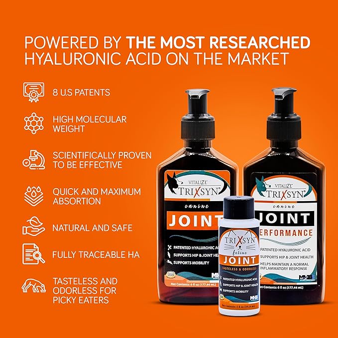 TRIXSYN Canine - Dog Hip and Joint Supplement - Liquid Hyaluronic Acid HA for Dog - Patented Liquid Formula for Senior Dogs - MHB3 Hylauronan - 6 fl oz