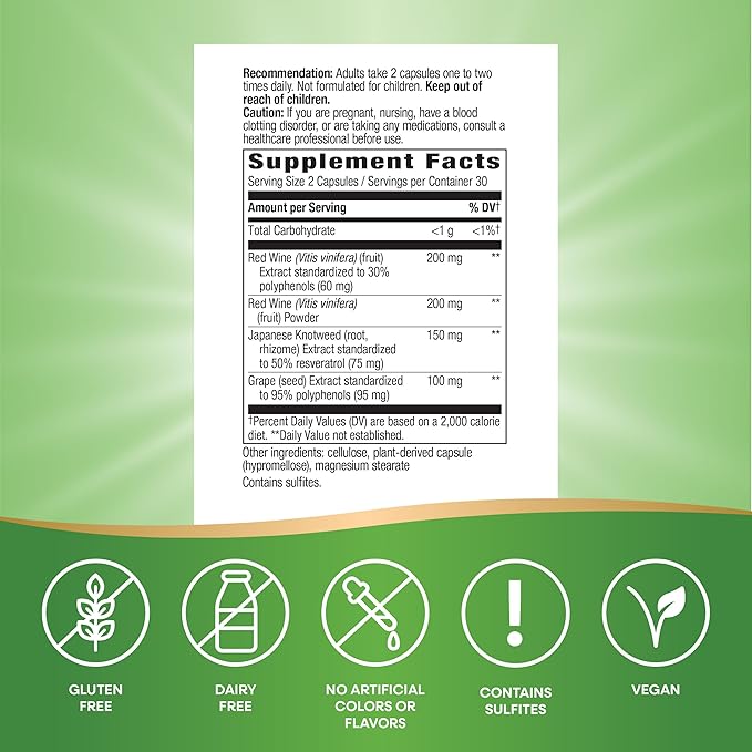 Nature's Way Resveratrol, Supports Antioxidant Pathways*, Helps Neutralize Free Radicals*, with Polyphenols from Red Wine Extract, 75mg per 2-Capsule Serving, Vegan, 60 Capsules (Packaging May Vary)