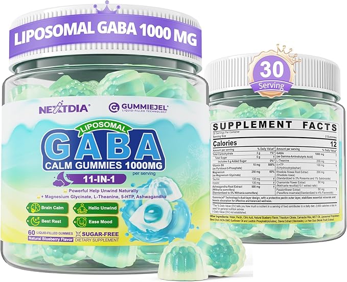 GABA Gummies 1000mg - Liposomal Calm Mood Gummies with L-Theanine, Magnesium Glycinate, Ashwagandha, 5htp, Inositol, Melatonin-Free for Zzz Better, GABA Supplements for Adult, Sugar-Free 60Cts