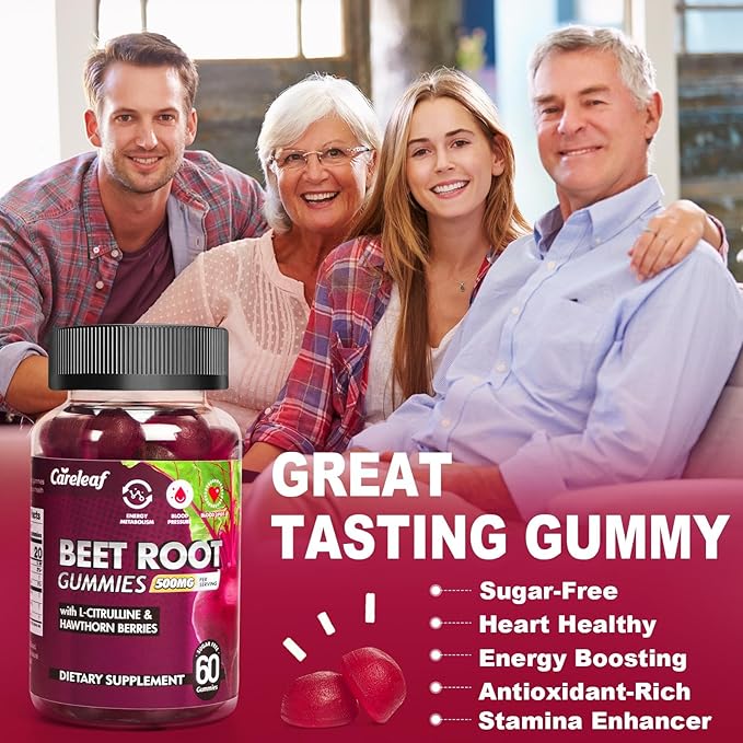 Sugar Free Vegan Beet Root Gummies for Blood Pressure, Beetroot Gummies with L-Citrulline and Hawthorn Extract, Peach Flavor Beet Chews for High Blood Pressure, 60 Count
