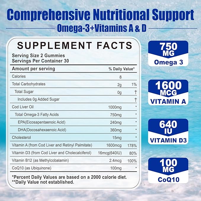 Cod Liver Oil 1000mg Gummies for Adults & Kids, with Vitamin A & D3 - Omega 3 Fish Oil Supplement - DHA 360mg & EPA 240mg for Brain, Bone, Eye & Immune Health, Sugar Free, 120 Count