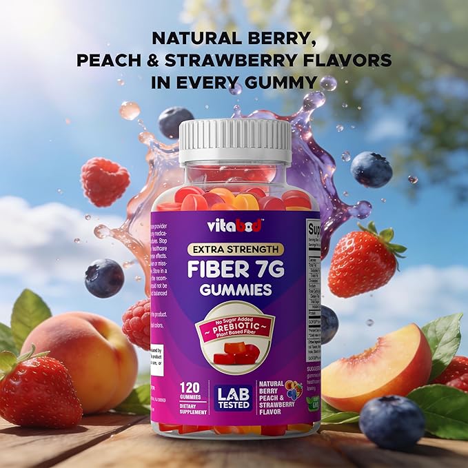 Vitabod Fiber Gummies 7G Per Serving for Digestive Health & Regularity, Prebiotic GOFOS™ Plant-Based Fiber, No Sugar Added, Vegan, Berry Peach Strawberry, 120 Gummies (Adults, Women & Men)