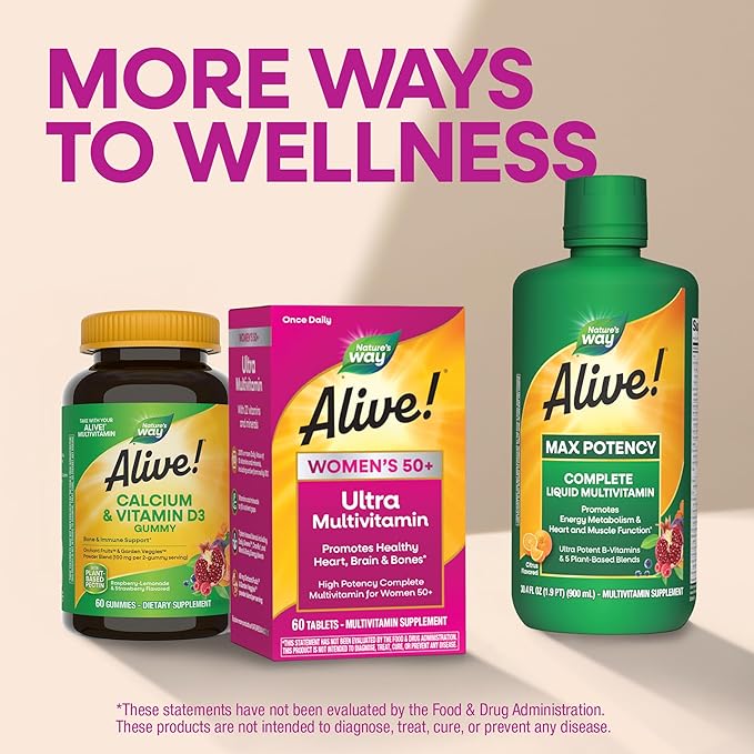 Nature’s Way Alive! Ultra Potency Multivitamin for Women 50 Plus, Complete High Potency Formula with Vitamin D3, C, E, Methylated B12, Supports, Heart, Brain, and Bone Health*, 60 Tablets
