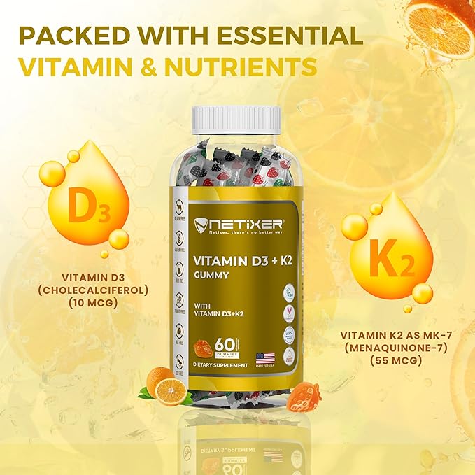 Vitamin D3 K2 Gummies for Adults – 60 Vegan Orange Gummies | 400 IU (10 mcg) D3 + 55 mcg Vitamin K2 MK-7 | Individually Wrapped, Gelatin-Free, Gluten-Free, Non-GMO | Halal Certified