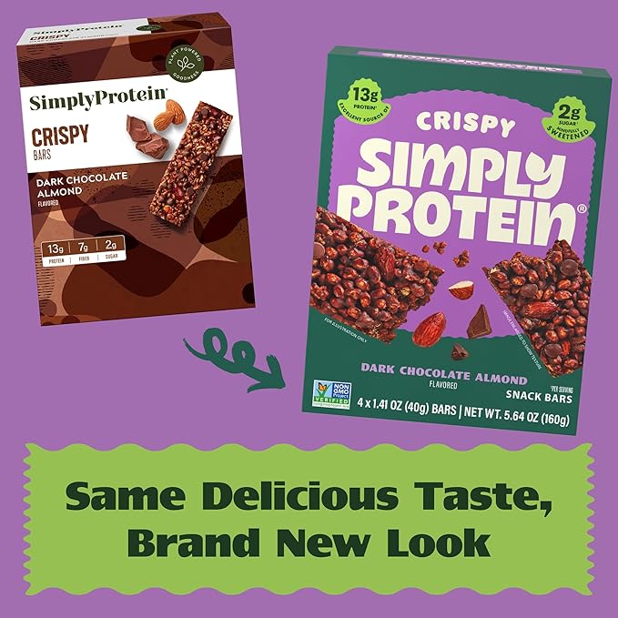 Simply Protein - Dark Chocolate Almond Crispy Bars - Plant Based Protein Bars - Low Carb, Low Sugar, High Fiber - 13g Protein, 2g Sugar, 7g Fiber - Vegan, Gluten Free, Non GMO, Kosher - 4 Bars