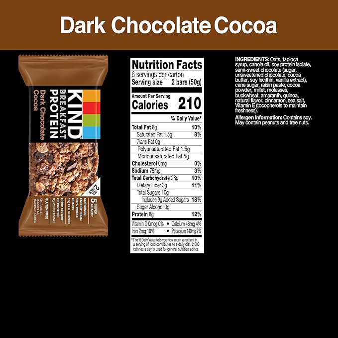 KIND Breakfast Protein Bars,Dark Chocolate Cocoa,Healthy Snacks,Gluten Free,8g Protein,6 Count (Pack of 2)
