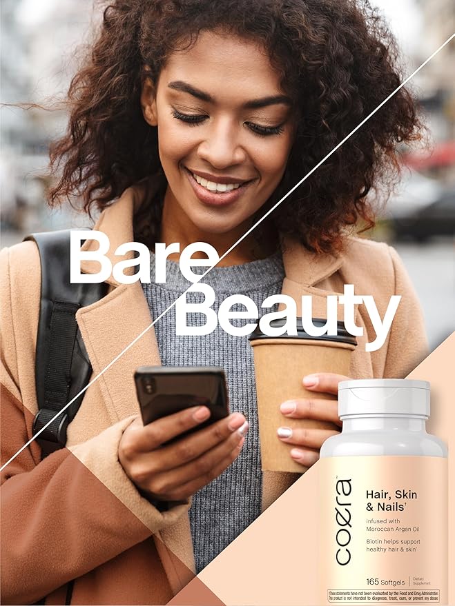 Coera Hair, Skin and Nails Vitamins with Collagen, Biotin & Moroccan Argan Oil | 165 Softgels | Non-GMO & Gluten Free Supplement for Men and Women