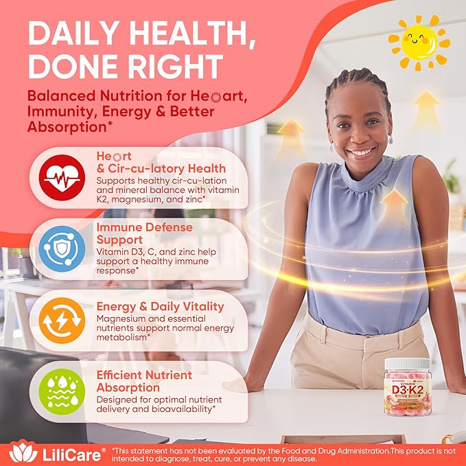 Vitamin D3 K2 Filled Gummies 5000IU / 10,000 IU with 500mg Calcium + K2(MK-7) 200mcg, Magnesium, Vitamin C & Zinc, Extra Strength - Ultimate Absorbency for Bones Muscles Teeth, Vegan -- Pack of 2