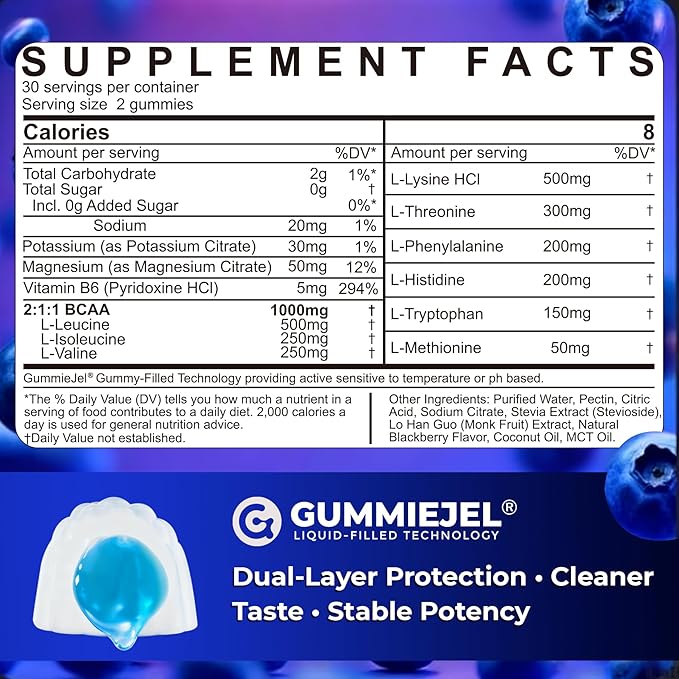 Essential Amino Acids EAA Gummies Nutritional Supplements for Women Men, BCAAs Branched Chain Amino Acids Supplement Gummies w/ Electrolyte Hydration, Black Raspberry Flavor, Gluten Free, Vegan, 120ct
