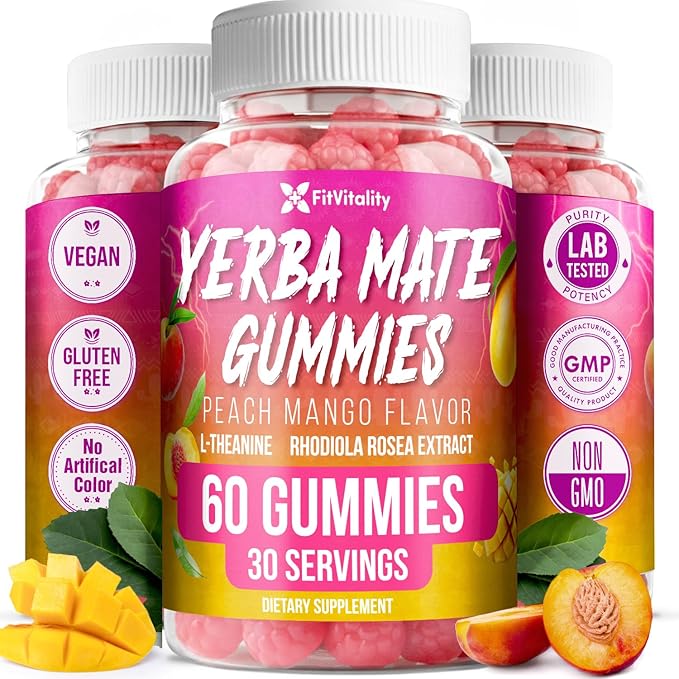 60 Yerba Mate Gummies - Formulated with L-Theanine, Rhodiola Rosea, Ginseng, Choline, B12 – Peach Mango Flavor – Vegan, Gluten-Free, Non-GMO