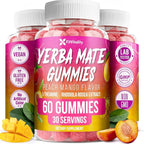 60 Yerba Mate Gummies - Formulated with L-Theanine, Rhodiola Rosea, Ginseng, Choline, B12 – Peach Mango Flavor – Vegan, Gluten-Free, Non-GMO