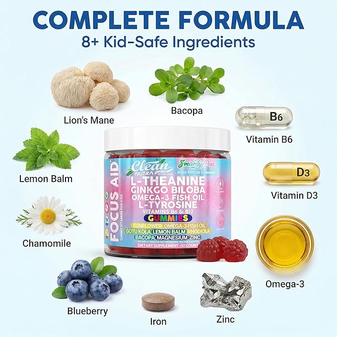 Clean Nutra Kids Focus Gummies with L-Theanine, Ginkgo Biloba, Omega-3 Fish Oil, L-Tyrosine, Vitamin B6, B12 – 60 Count, Clean Label, Non-GMO, Vegan-Friendly SmartyPop Formula for Kids Support