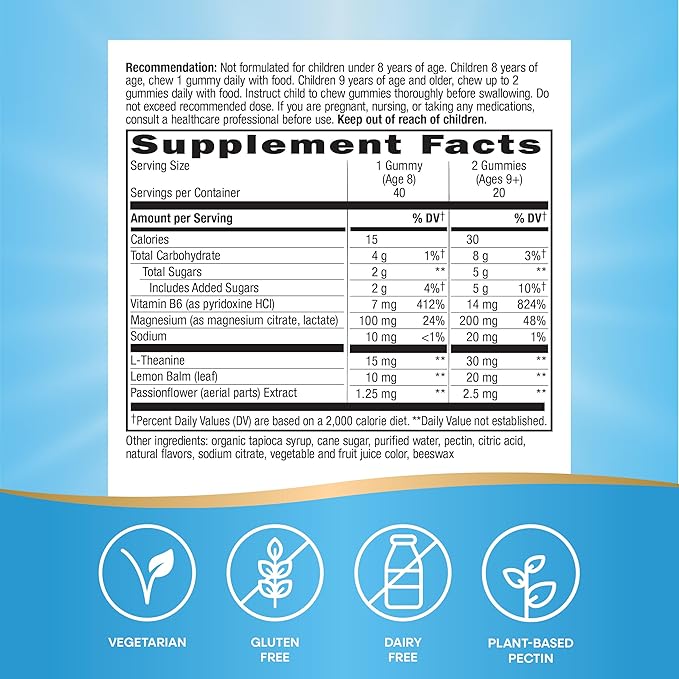 Nature's Way Kids Cool & Calm Gummies, Supports a Calm Mood in Kids Ages 8+*, Lemon Balm, Magnesium, Vitamin B6, L-Theanine, Grape Flavored, Vegetarian, 40 Count (Packaging May Vary)