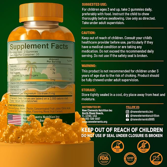 New Elements Kids Vitamin D3 K2 Gummies with Magnesium Glycinate | Strong Bones & Immune Health | Vitamin D3 1000 IU for Kids | Vitamin K2 for Kids 20mcg | Non-GMO, Gluten-Free
