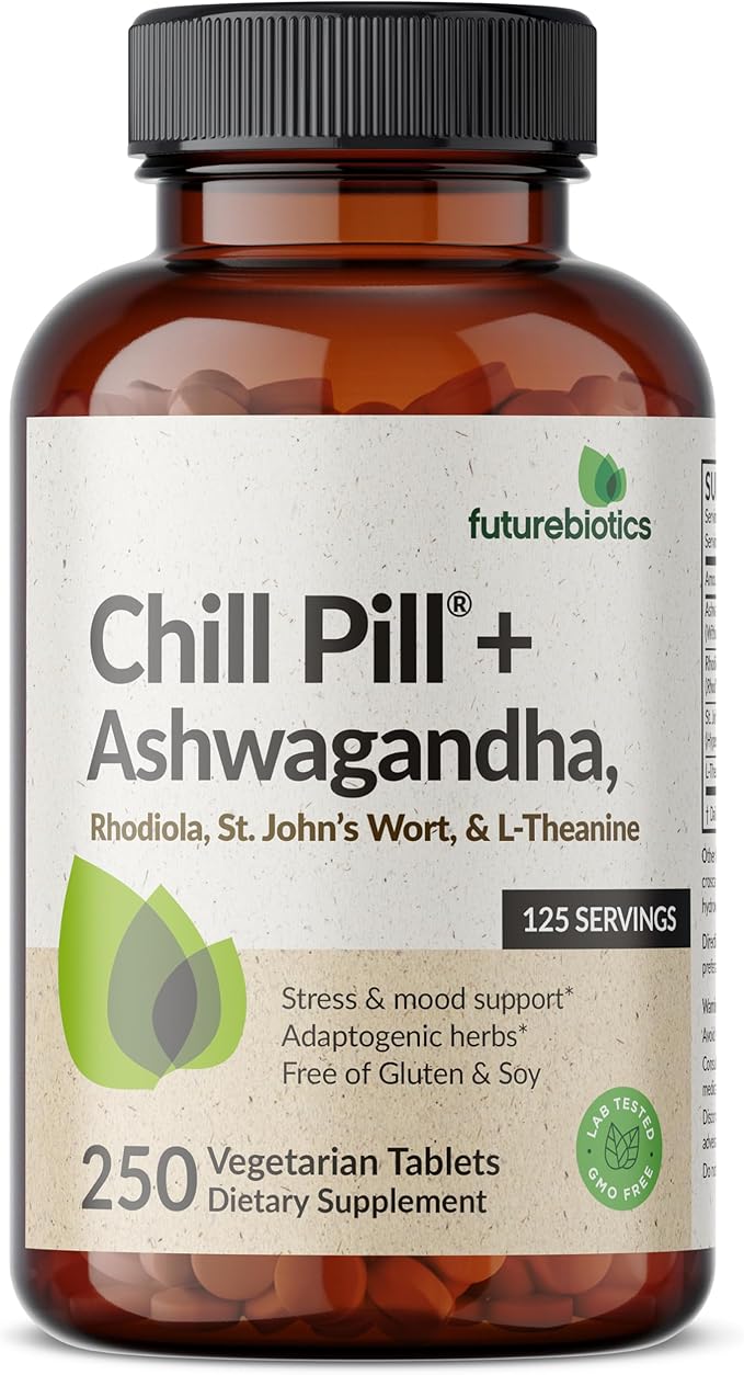 Futurebiotics Chill Pill + Ashwagandha, Rhodiola, St. John’s Wort, & L-Theanine - Non-GMO, 250 Vegetarian Tablets