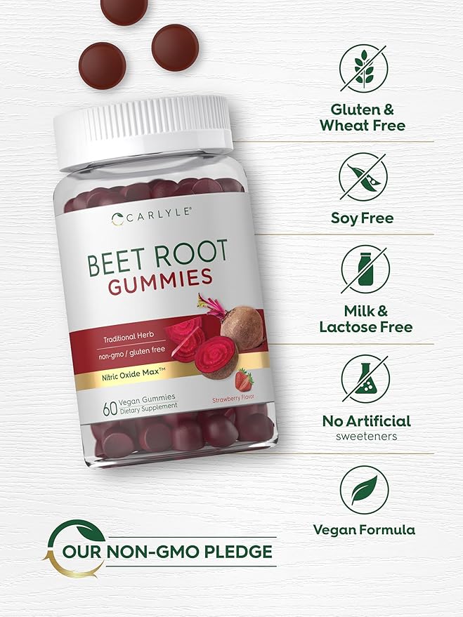 Carlyle Beet Root Gummies | 60 Count | Extract Supplement with Black Pepper and Vitamin C | for Men & Women | Beta Vulgaris | Strawberry Flavor | Vegan, Non-GMO, and Gluten Free