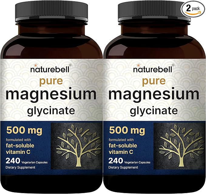 Pure Magnesium Glycinate 500mg with Fat Soluble Vitamin C, 480 Veggie Capsules (2 Pack) – 100% Chelated & Purified – 3rd Party Tested, Filler Free, Vegan Friendly, Non-GMO