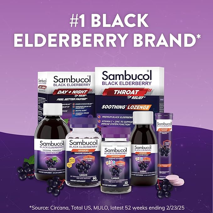 Sambucol Black Elderberry Zero Sugar Triple Immunity Gummies - Daily Vitamin C & Vitamin D, Sugar Free Black Elderberry Gummies for Adults and Kids, Chewable Berry Supplement - 60 Count