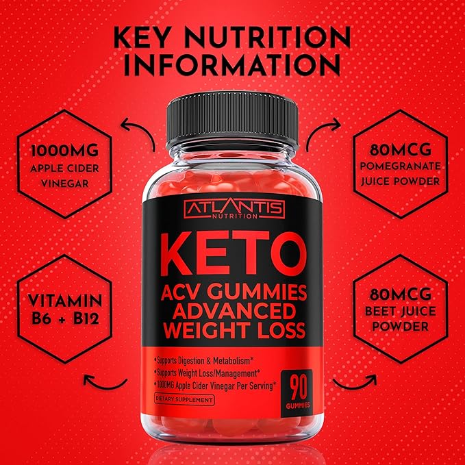 Atlantis Nutrition Keto ACV Gummies for Weight Loss - Supports Digestion, Weight Loss, Detox & Cleansing - Apple Cider Vinegar Gummies Formulated with 1000MG ACV Per Serving - 90 Count