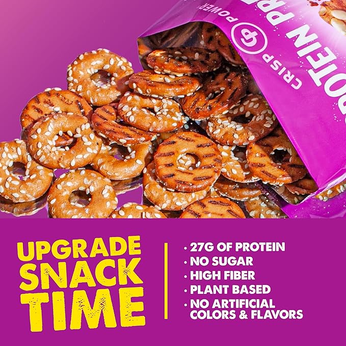 CRISP POWER Protein Pretzels, Sesame, 27G Protein, High Protein Snack, High Fiber, Low Carb Crunchy Pretzel Snacks, No Added Sugar, 1.75 oz Bags, 24 Pack, Vegan, Keto