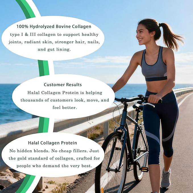Halal Collagen Protein Powder - Pure Halal Collagen Peptides Grass Fed Organic Hydrolyzed Powder, Skin Glows | Joints Support | Gut Support, Non GMO, Sugar Free, Unflavoured, 30 Servings