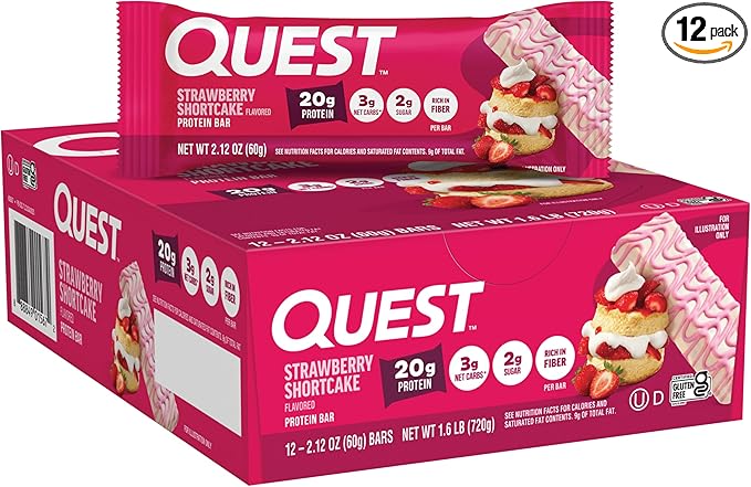 Quest Nutrition Protein Bars, Strawberry Shortcake, 20g Protein, 2g Sugar, 3g Net Carbs, 10g Fiber, Gluten Free, 12 Count